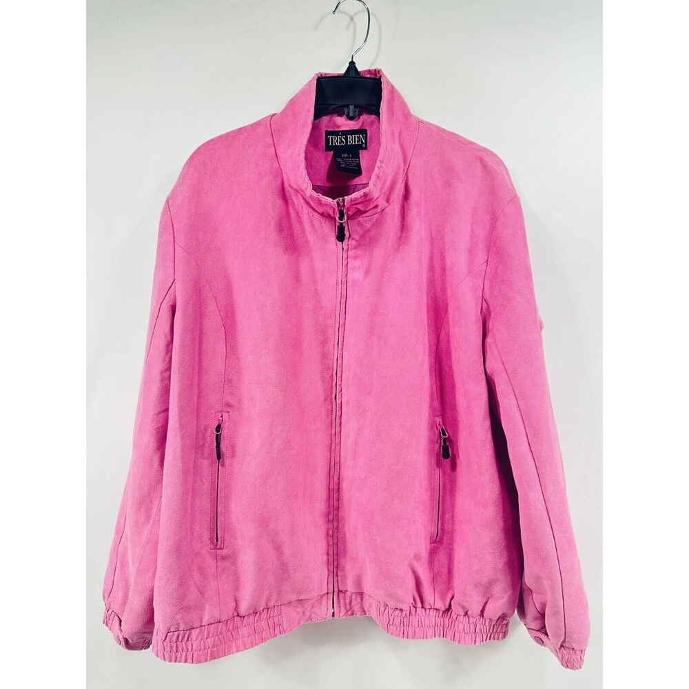 Tres Bien Women's Sz L Pink Ultra-Suede Washable Jacket Zip Up Pockets